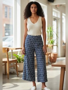 LOFT LINEN High Rise Waist Wide Leg Crop PANTS pull On 2 Pocket Size XL Abstract